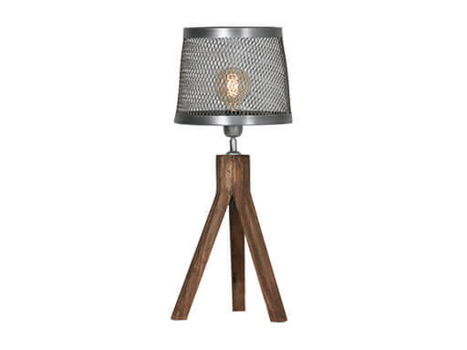 Bruin houten tafellamp met metalen kap.