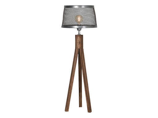 Staande vloerlamp in houtkleur met metalen kap.